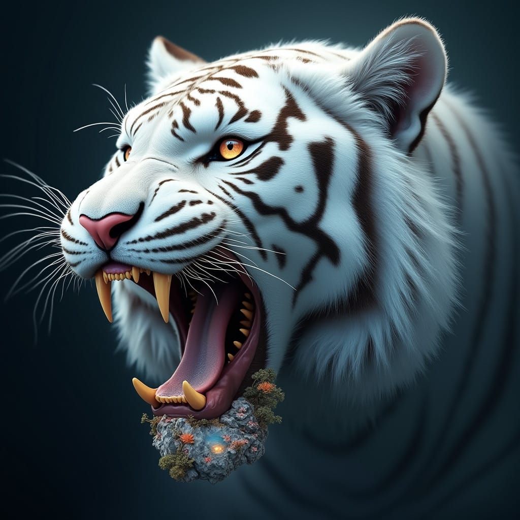 Majestic White Tiger with Earthly Essence in Dark Fantasy La...