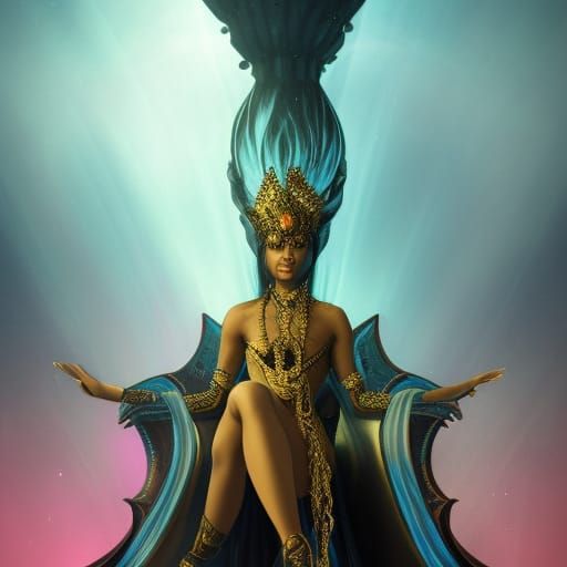 Bioluminescent Black Queen on Throne in Surreal Kingdom