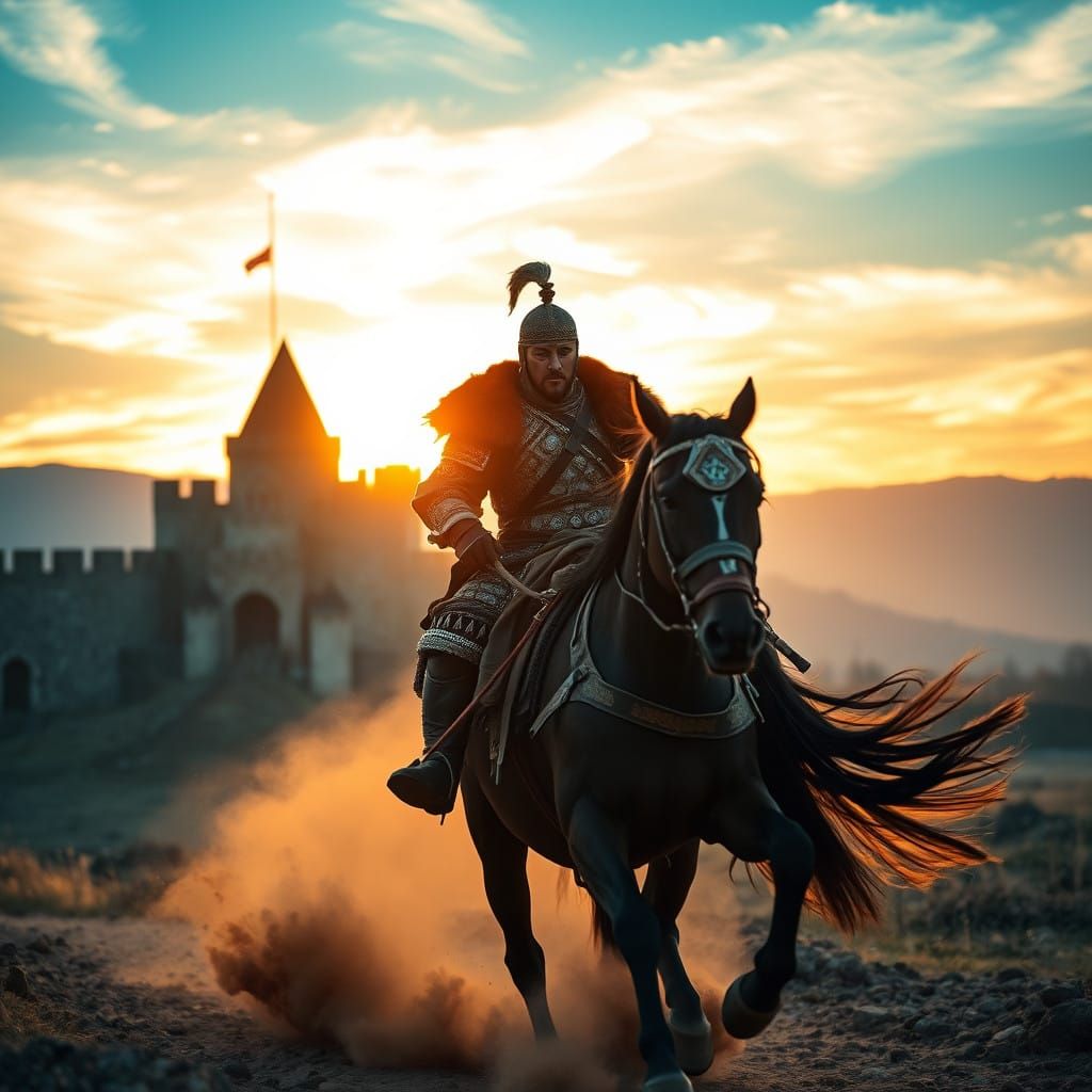 Majestic Mongol Warrior Charged Forward in Radiant Sunrise