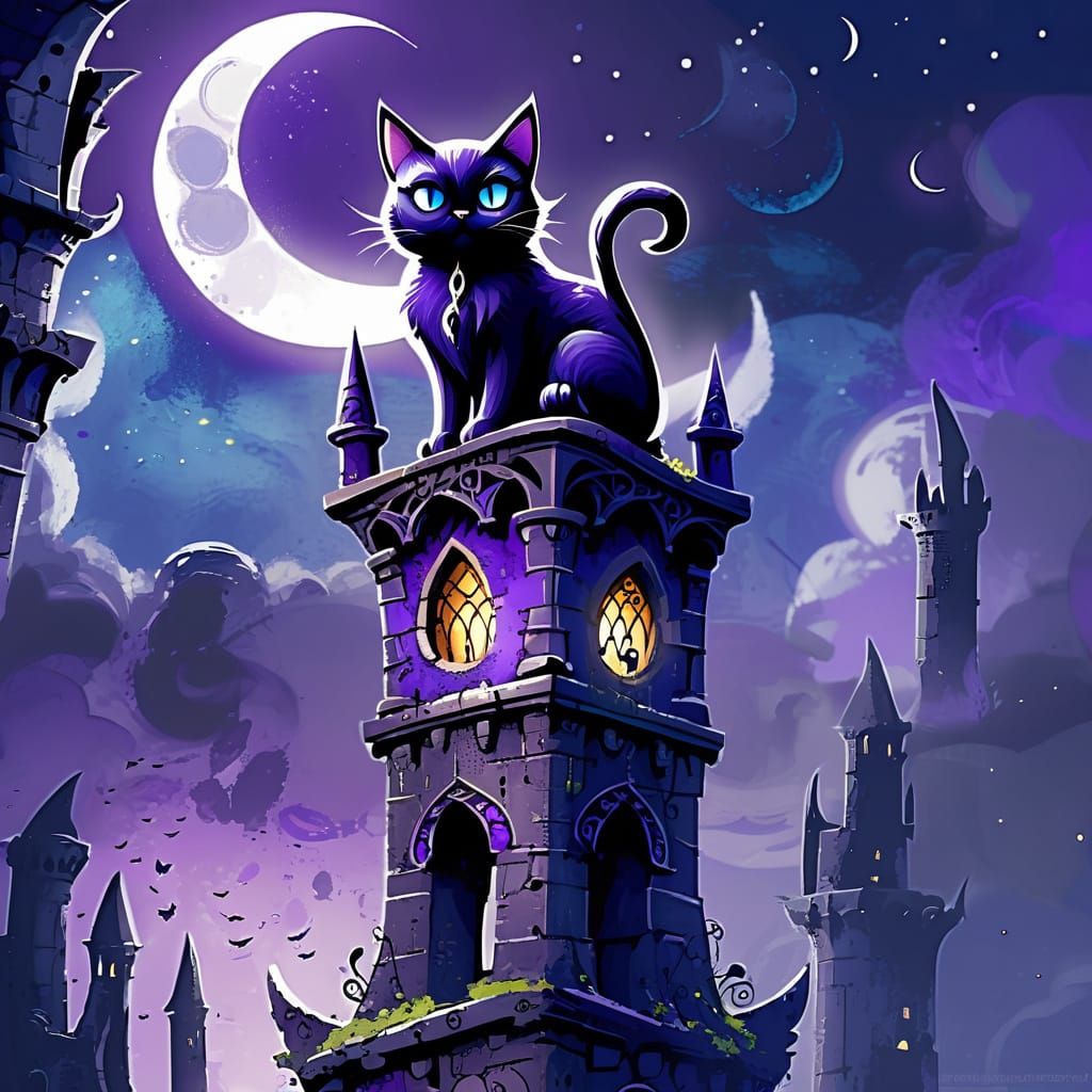 Whimsical Cat on Gothic Tower Gazing at Moon