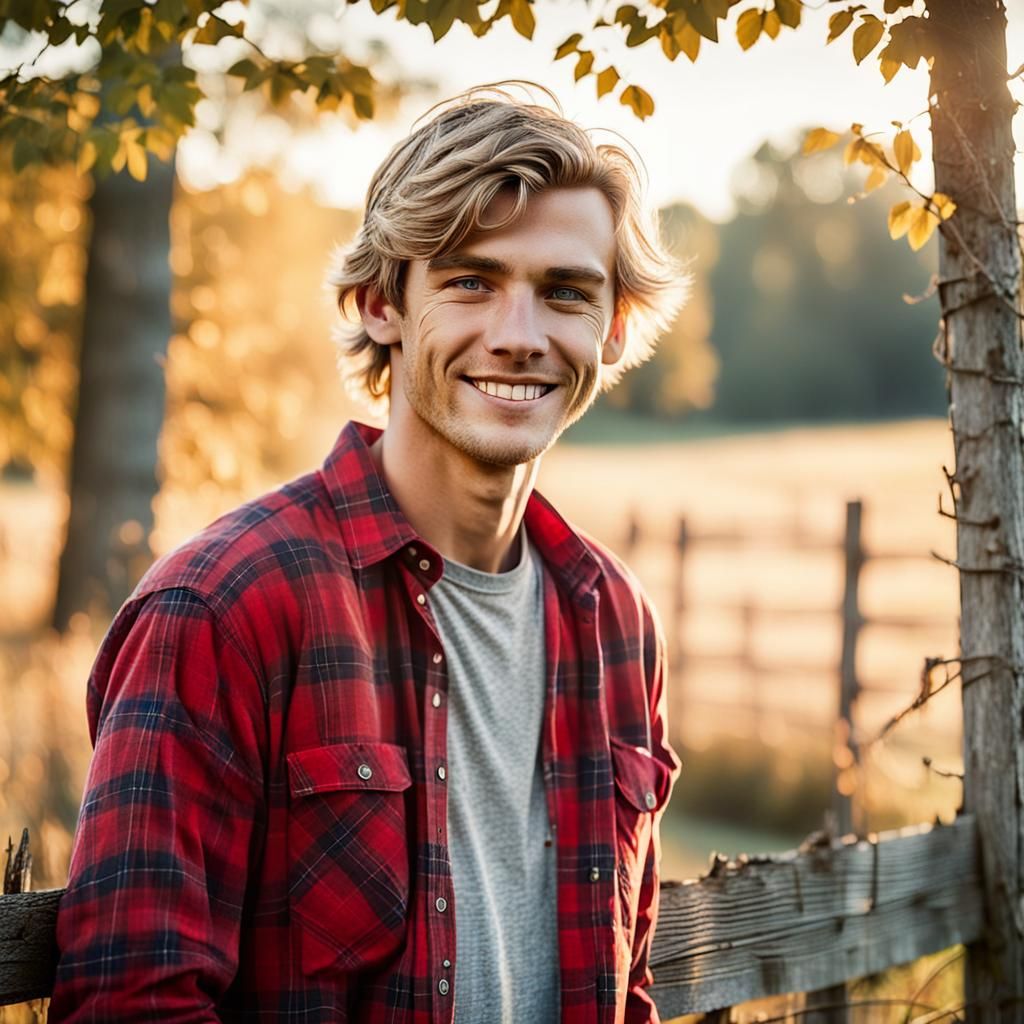 Boy in Red Flannel in Maine Landscape