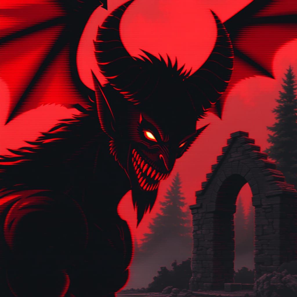 Winged Demon Headshot in Glitch Art Style