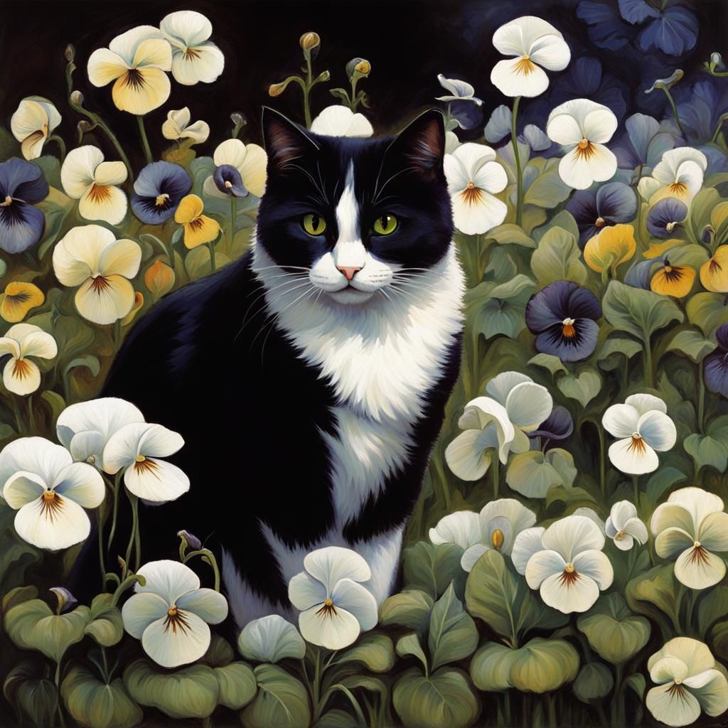 Tuxedo Cat in Pansies, Waterhouse Style