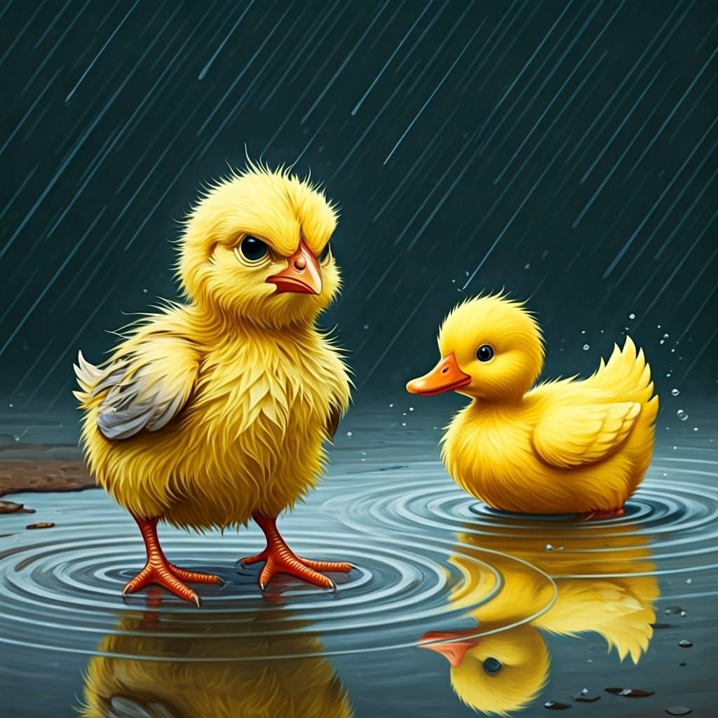 Grumpy Chick in Rain, Illustration