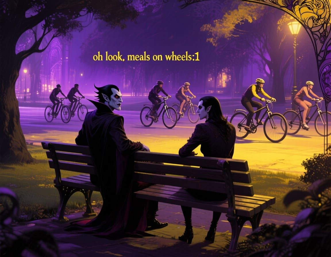 Vampires Watch Cyclists in Evening Park