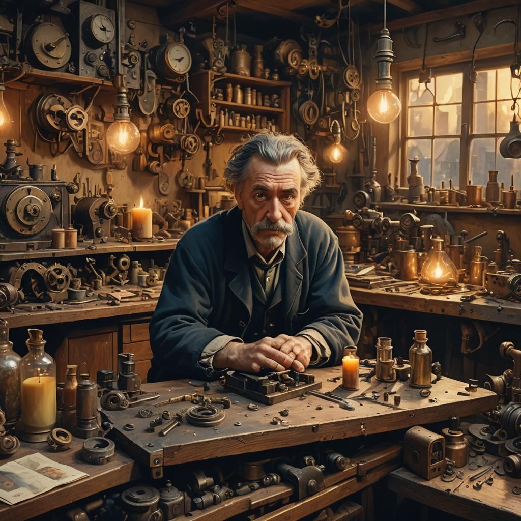 Surreal Scientist at Workbench in Oil Painting Style