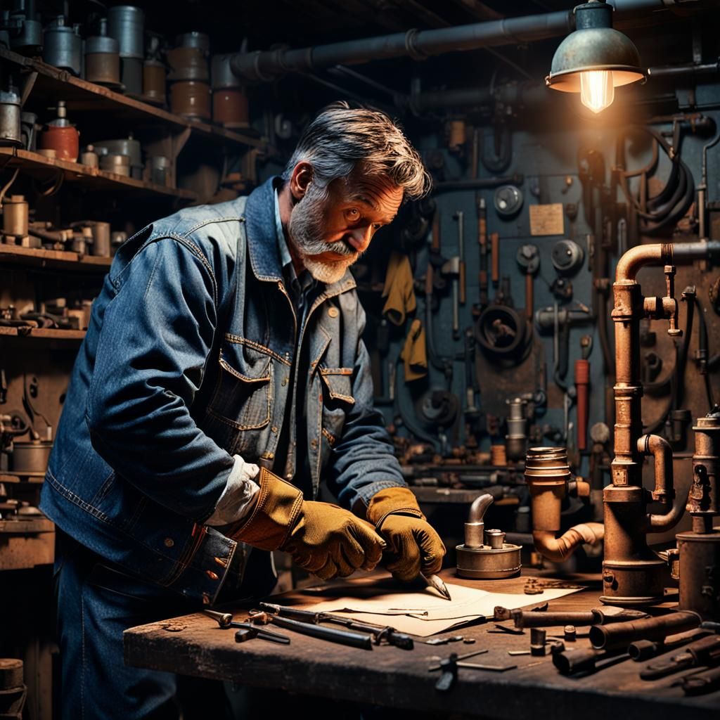 Gas Fitter in Workshop: Cinematic Industrial Concept Art