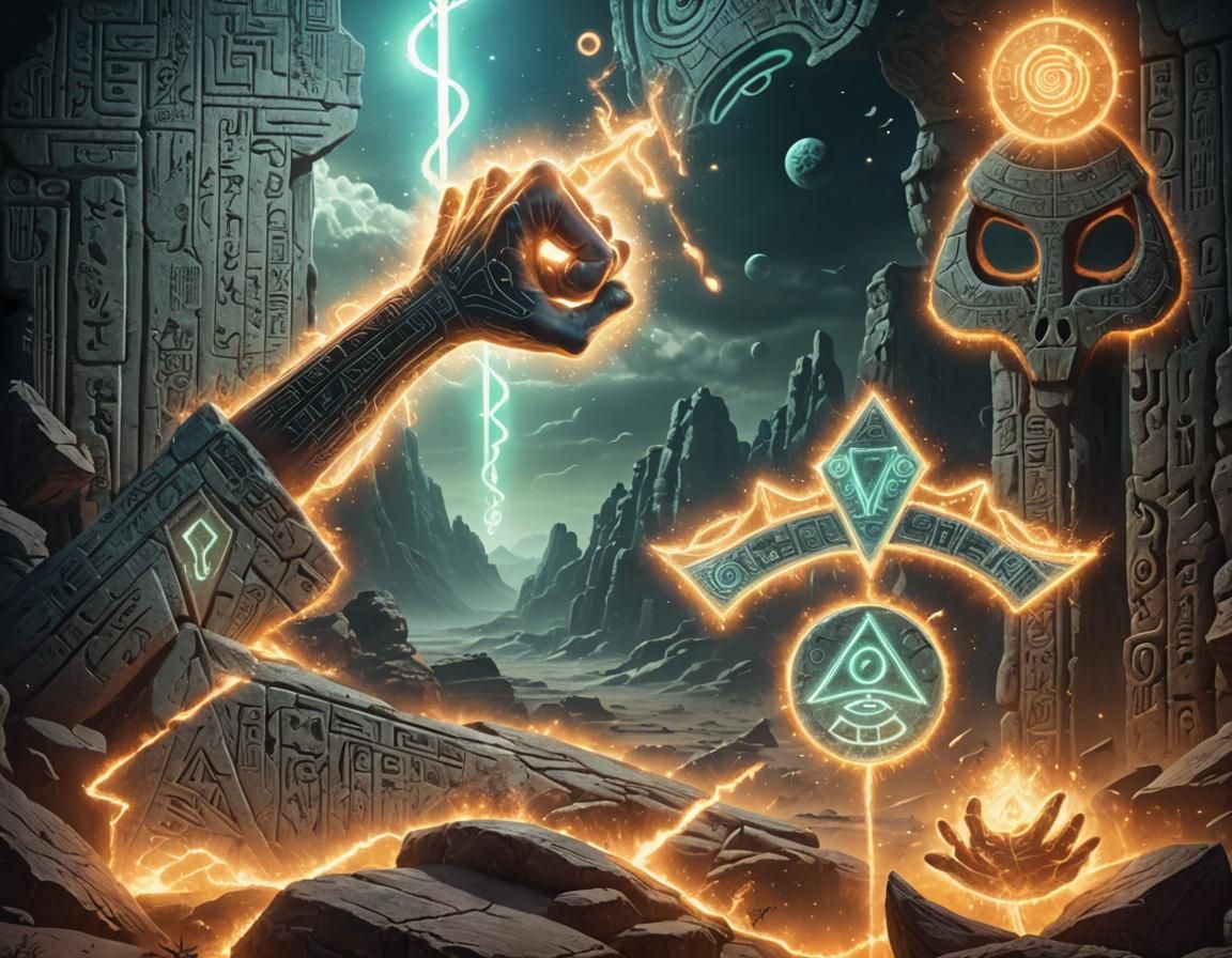 Surreal Alien Landscape with Hieroglyphs in Cyberpunk Style