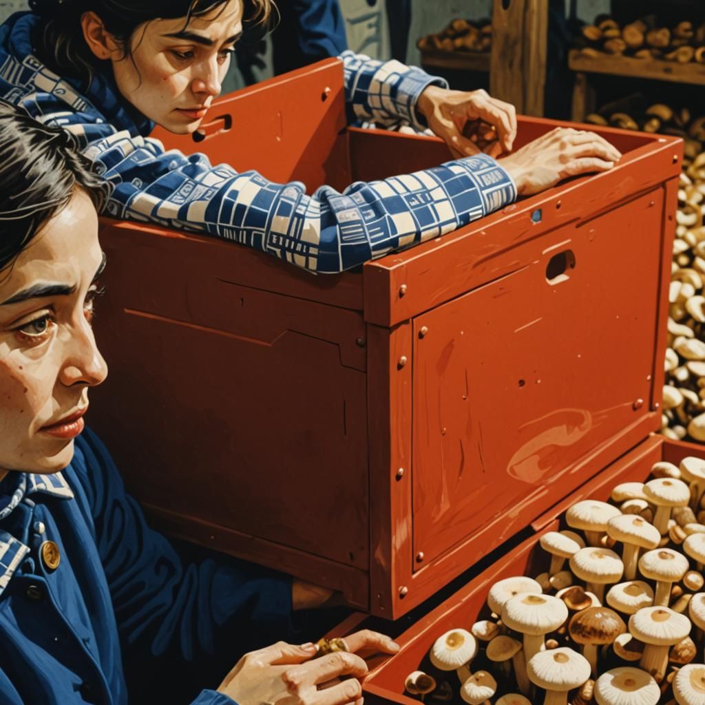 Activists Harvesting Mushrooms in Linocut Style