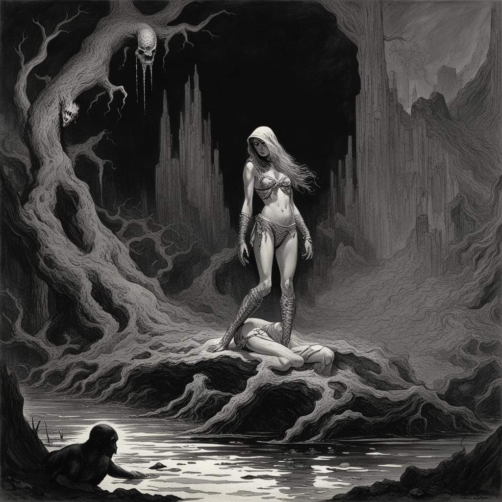 Ethereal Woman in Bikini: Doré-Inspired Horror