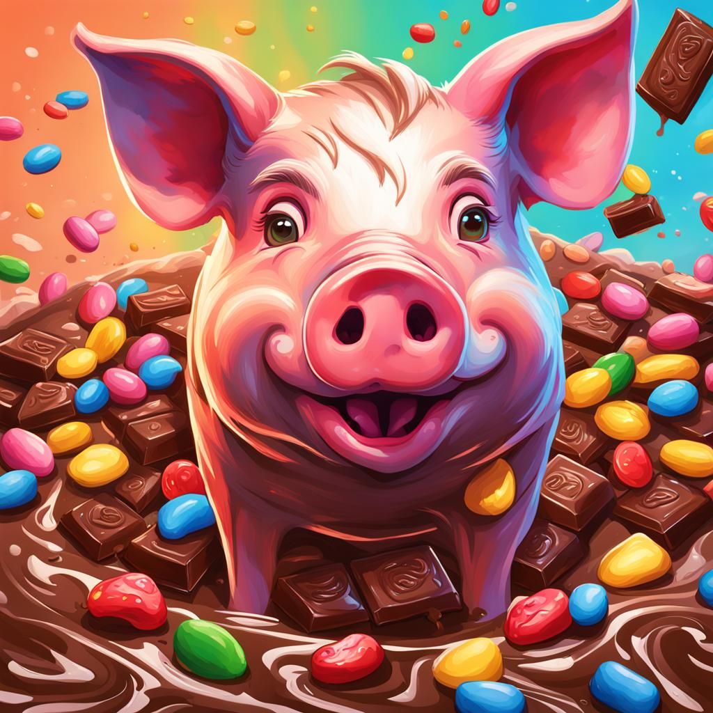 Hyperrealistic Pig Enjoys Chocolate in Splash Art