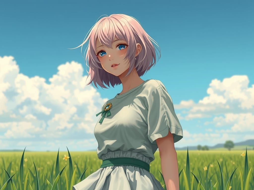 Anime Girl Posing in Field, Autochrome Style