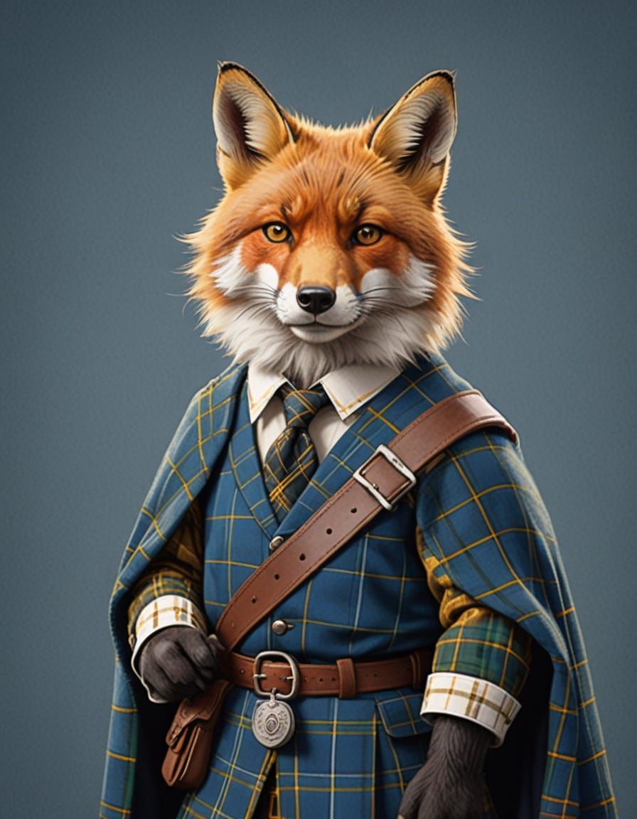 Proud Fox in Highland Scotsman Tartan Outfit