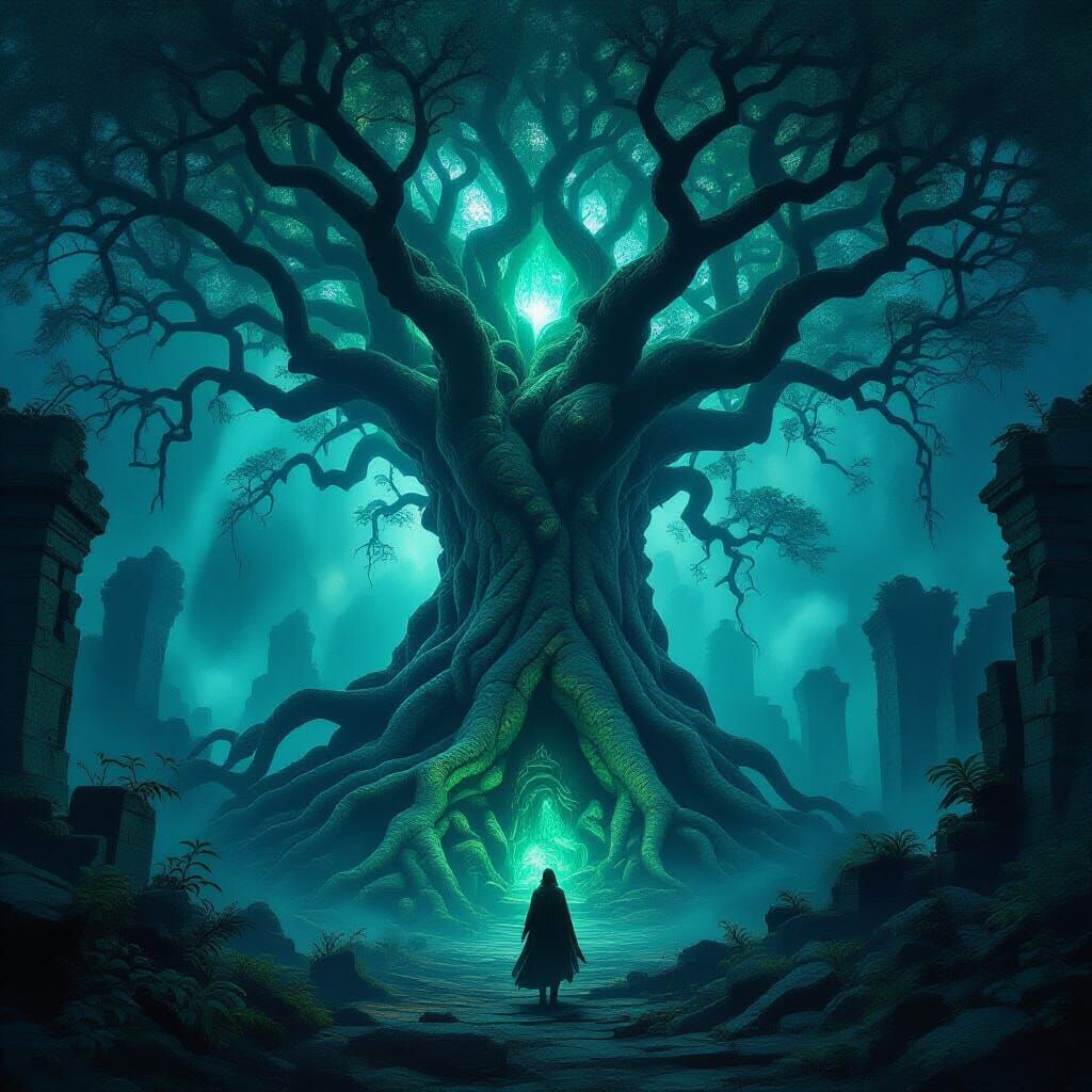 Ancient Tree in Bioluminescent Forest, Dark Fantasy Art