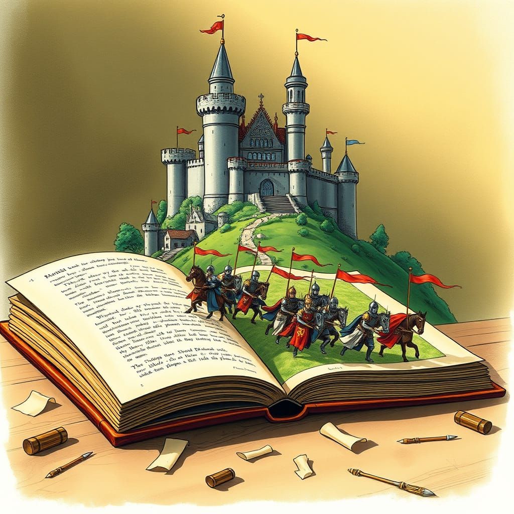 Medieval Castle Rises from Vintage Book Pages