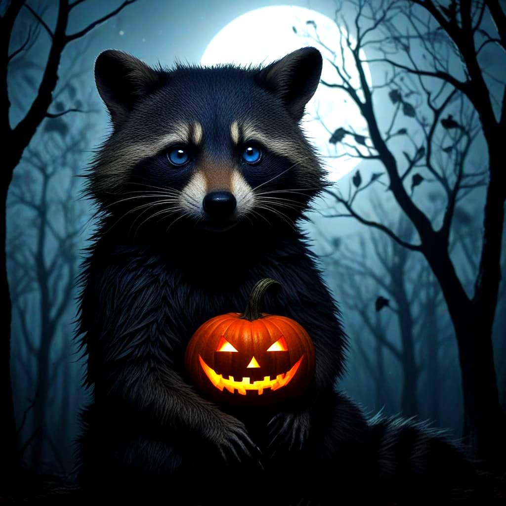Majestic Raccoon Silhouette With Cobalt Eyes, Macabre Style