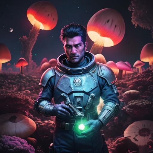 Space Marine Eats Glowing Mushroom in Cosmic Setting