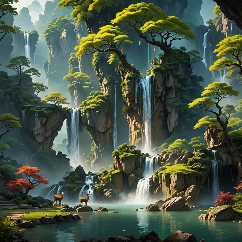 Ancient Chinese Spring Landscape with Waterfall and Deer