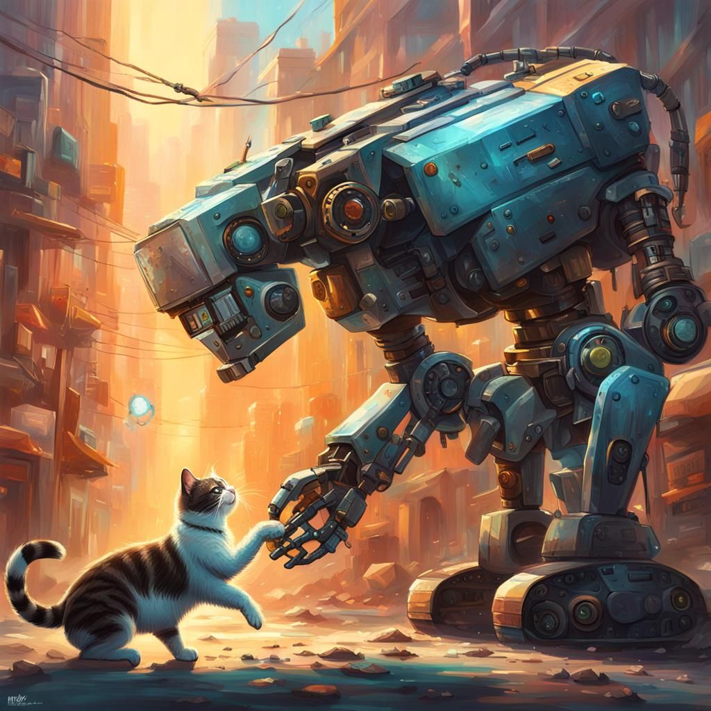 Hyperrealistic Robot Feeds Cat: Splash Art Concept