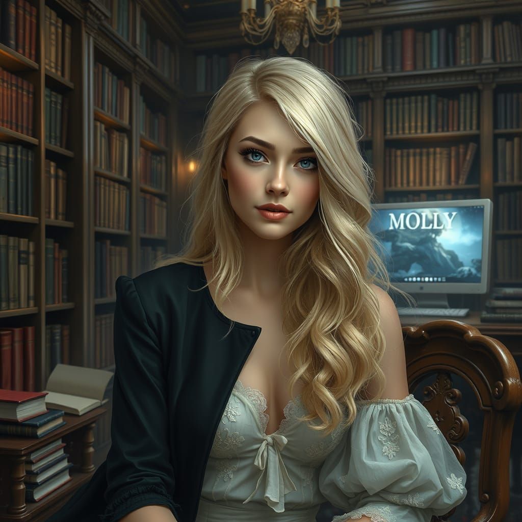 Elegant Woman in Library: Romanticism and Whimsy