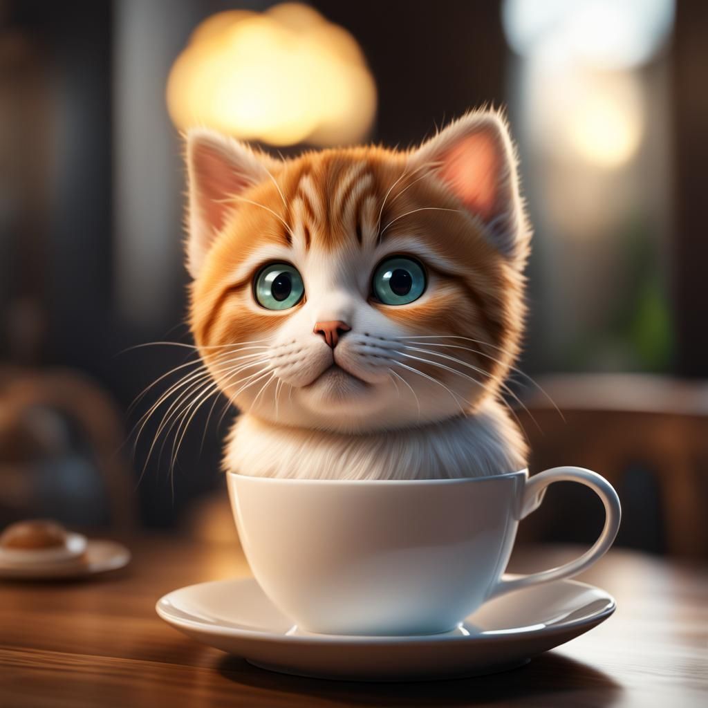 Cute Cat in Teacup: Photorealistic CGI Art