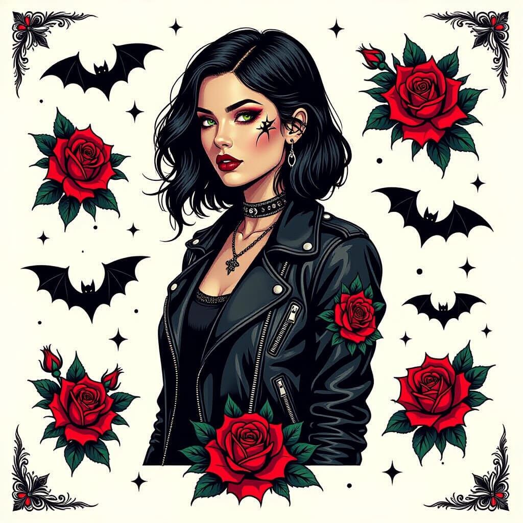 Gothic Tattoo Sheet with Roses and Bats