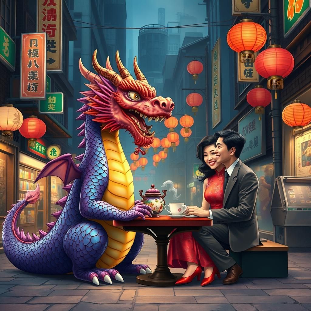 Dragon Shares Tea with Couple in Asian Cityscape