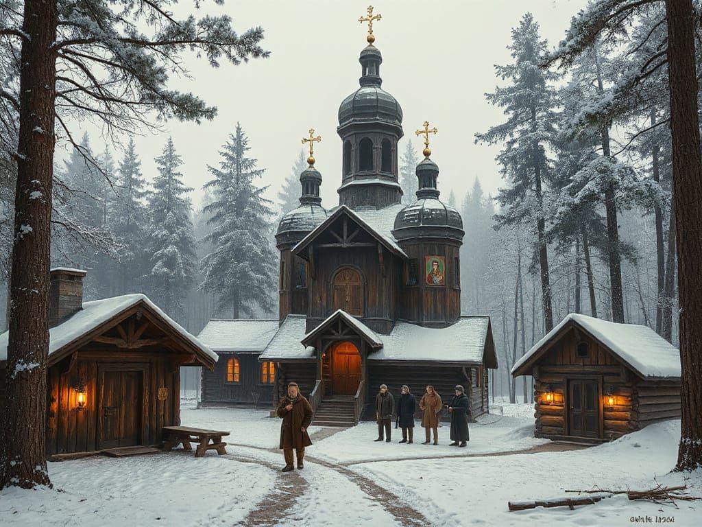 Medieval Russian Church in Winter Landscape, 17th Century