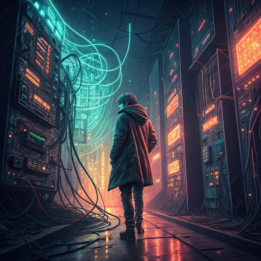 Futuristic Cyberpunk Figure Amidst Neon Circuitry