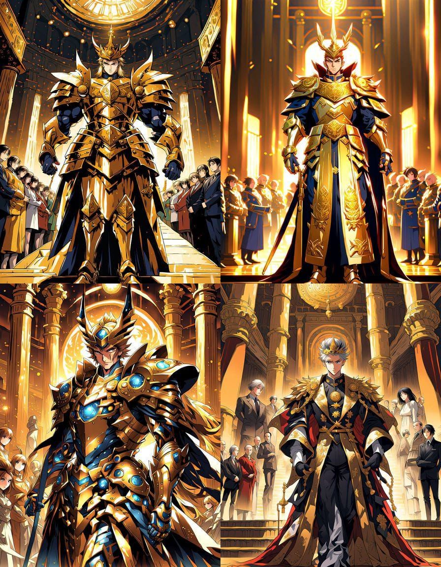 Emperor on Trial in Golden Courtroom Anime Style