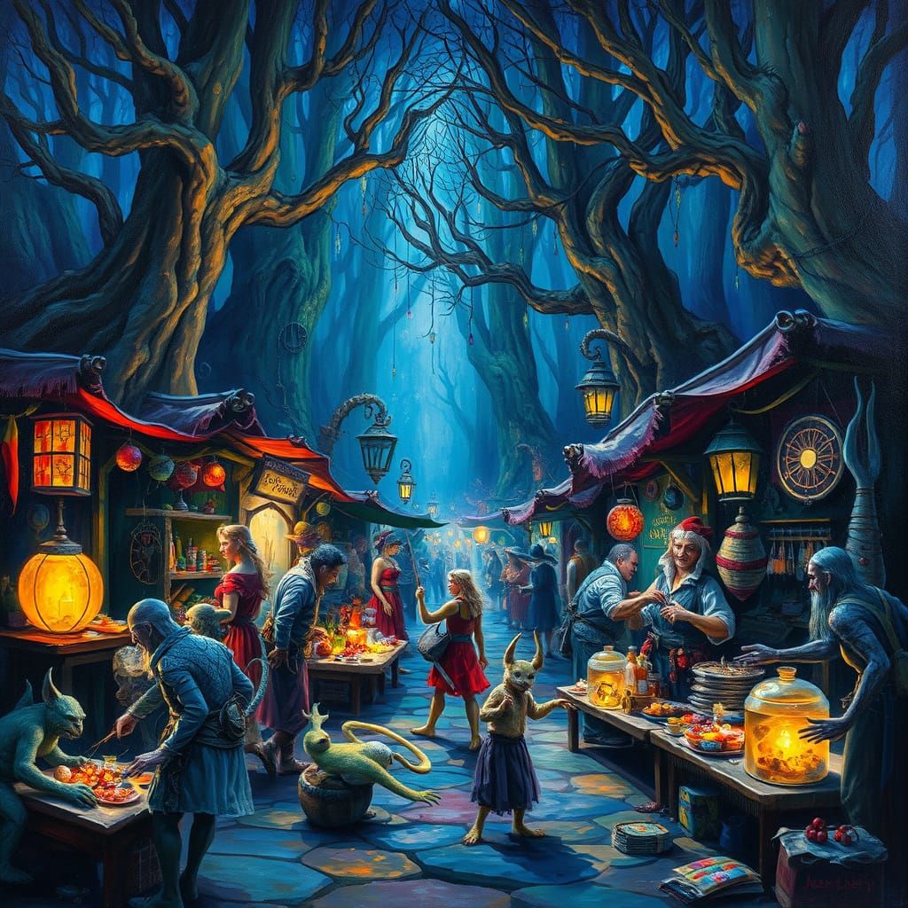 Magical Forest Market at Midnight in Impressionist Oil Style