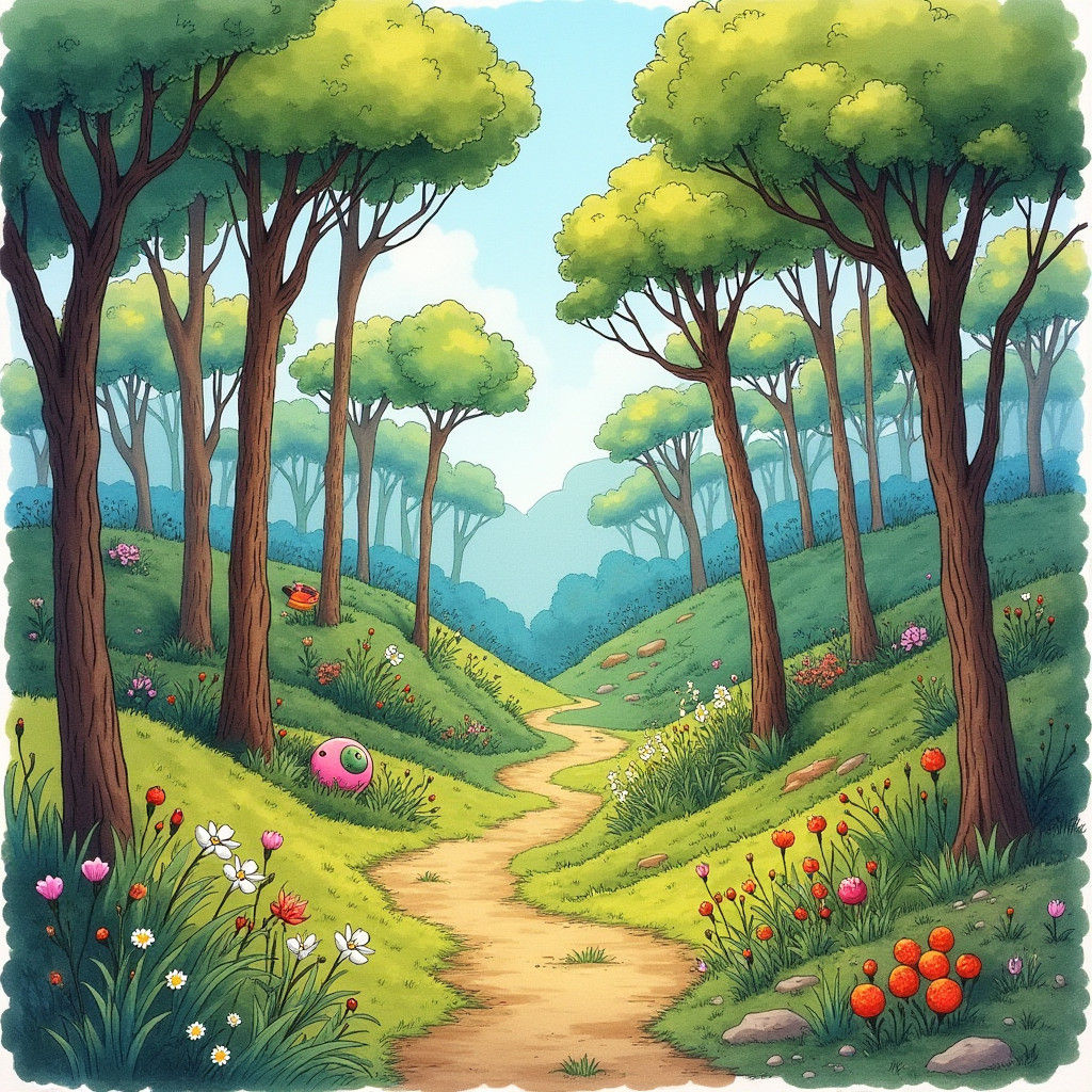 Dreamlike Forest Landscape in Doodle Style