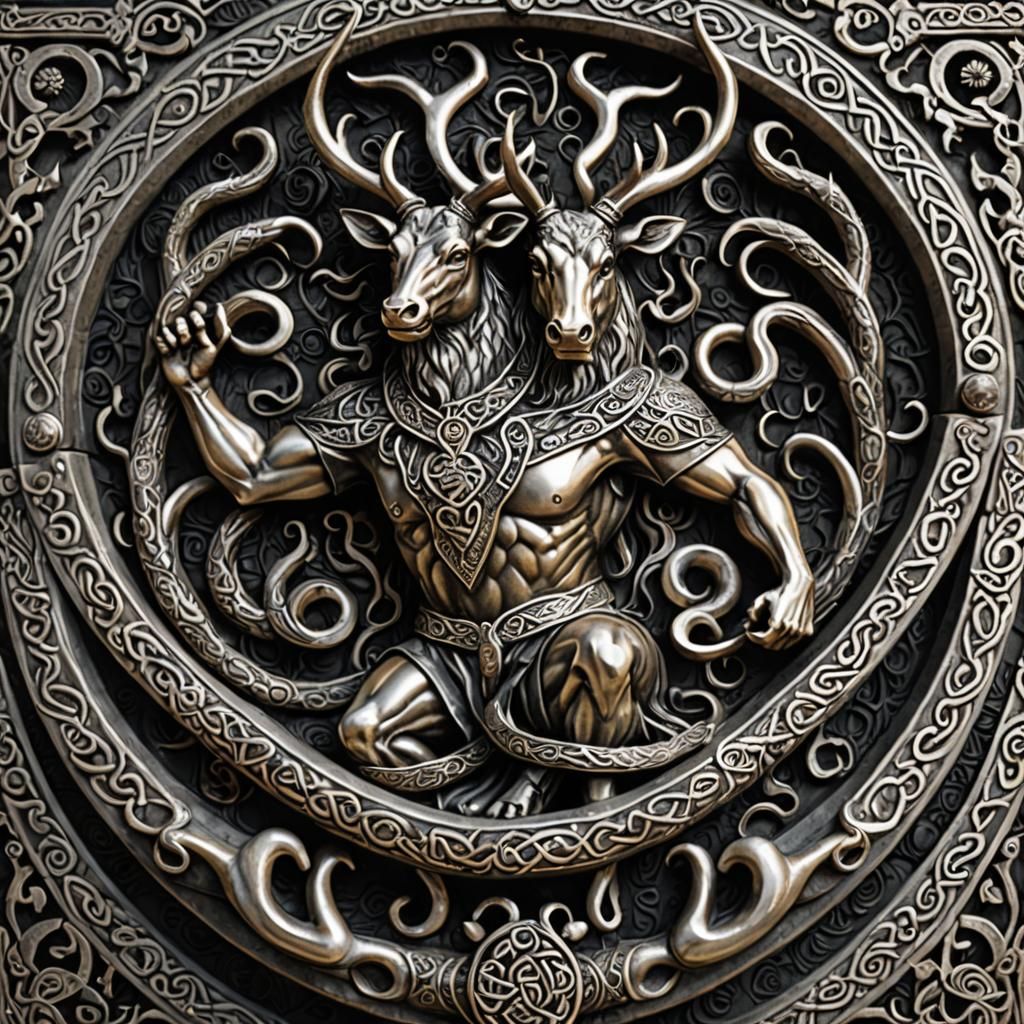Celtic God Cernunnos with Snakes in Silver Relief