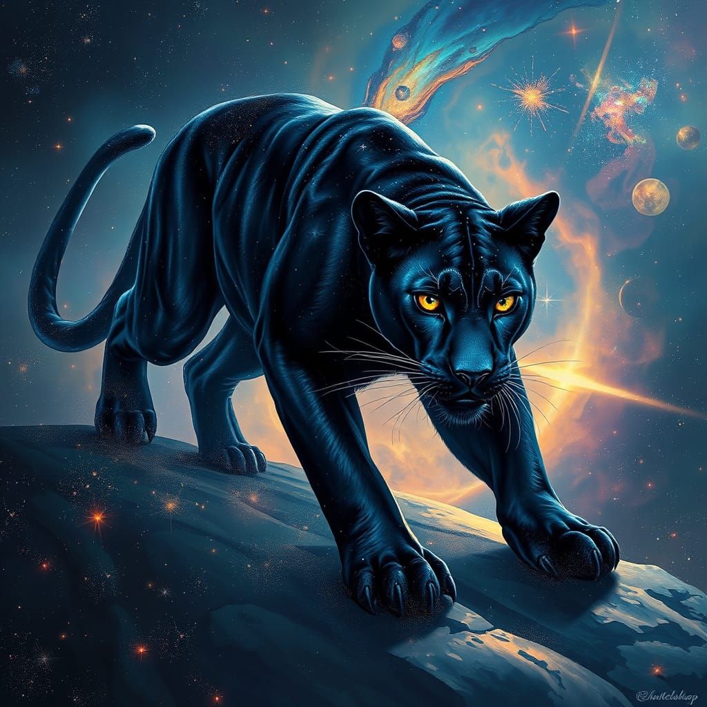 Celestial Panther Prowling Nebula in Hyperrealistic Style