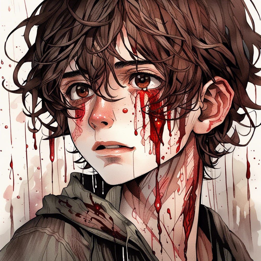 Detailed Watercolor of Boy Crying in Rain