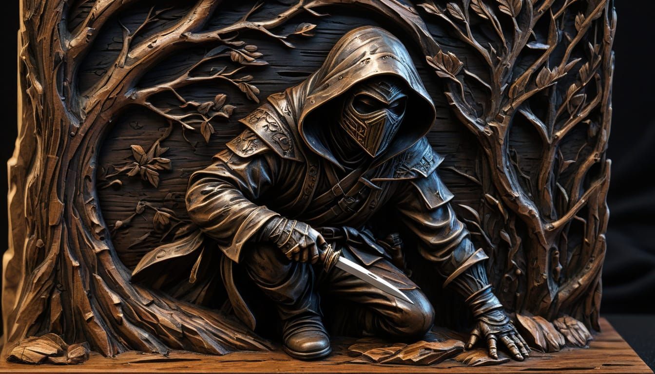Ancient Assassin Emerges from Birch Wood Relief