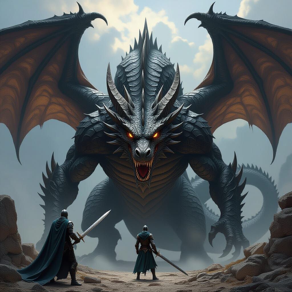 Giant Hydra Dragon Confronts Brave Knight