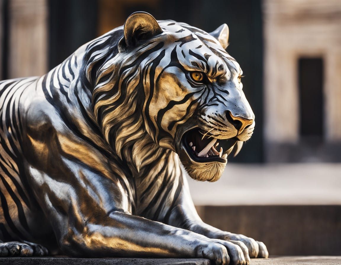 A silver and gold metallic statue of a tiger pouncing