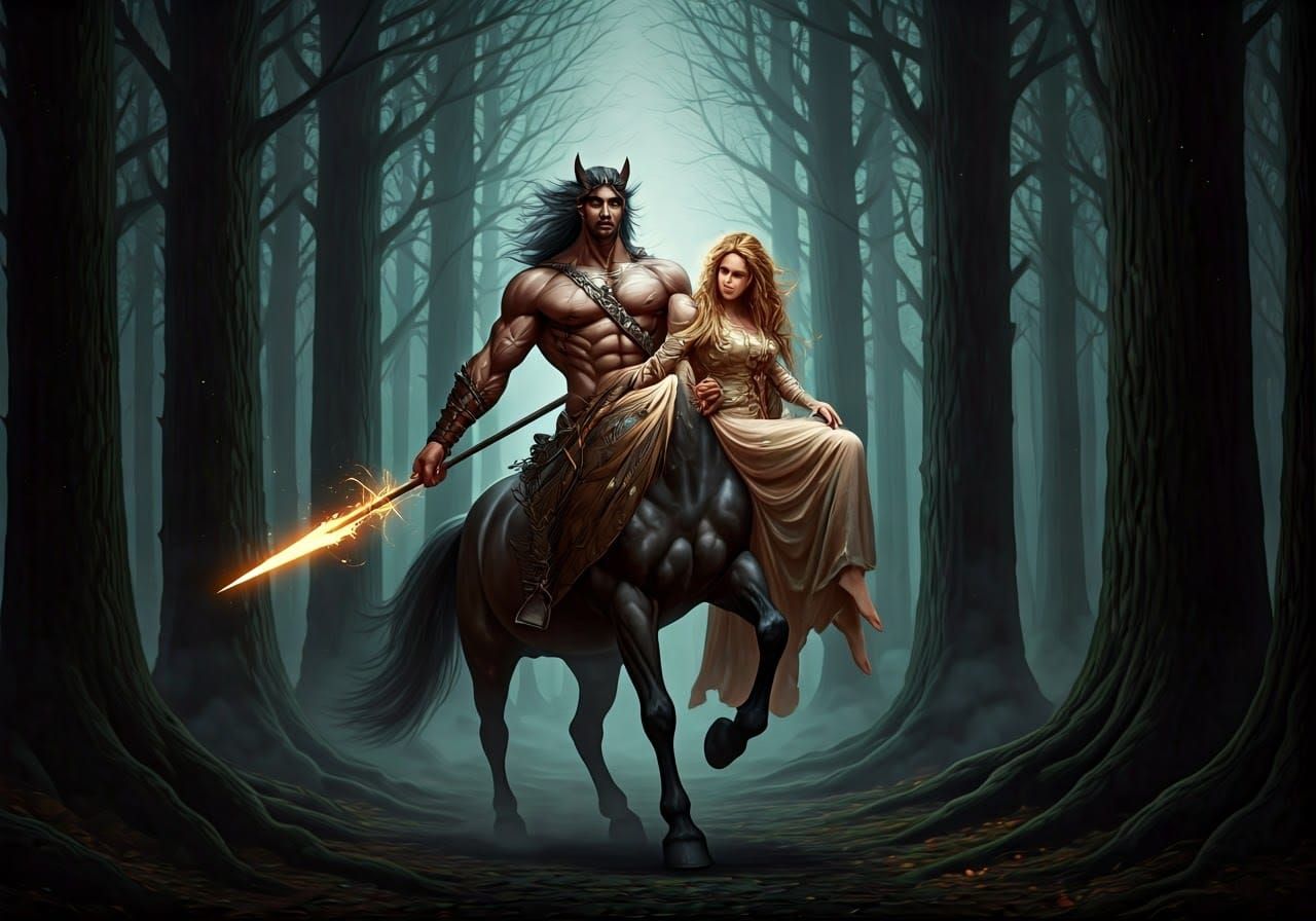 Centaur Warrior Rescues Damsel in Mystical Forest