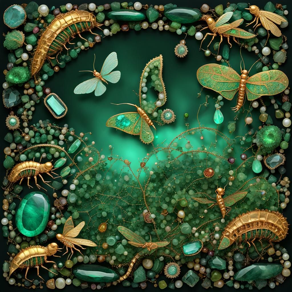 Gemstone Insects in Emerald Rainforest: Bioluminescent Abstr...