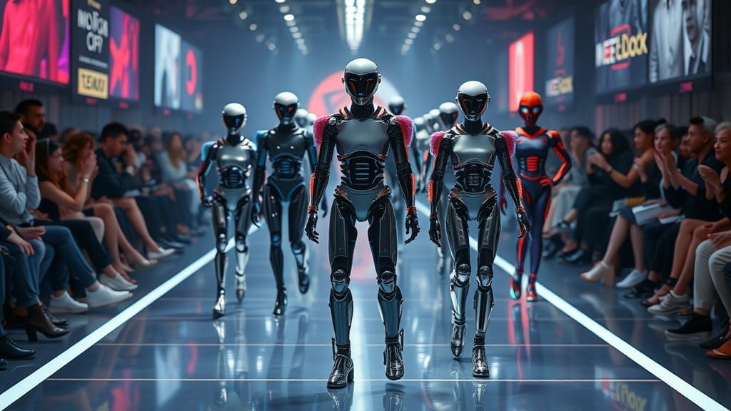 Futuristic Robot Fashion Show in Neon-Lit Catwalk