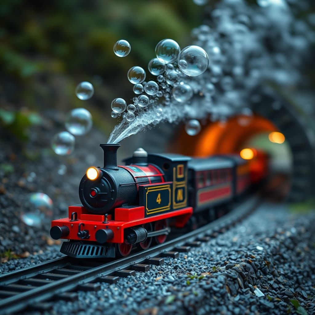 a miniature train on track blowing soap bubbles bubbles
risi...