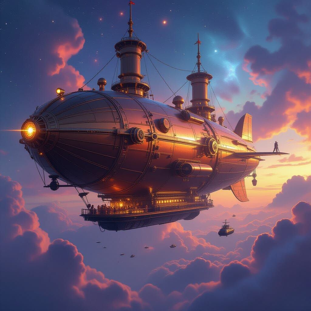 Steampunk Airship Soaring Through a Cosmic Nebula
