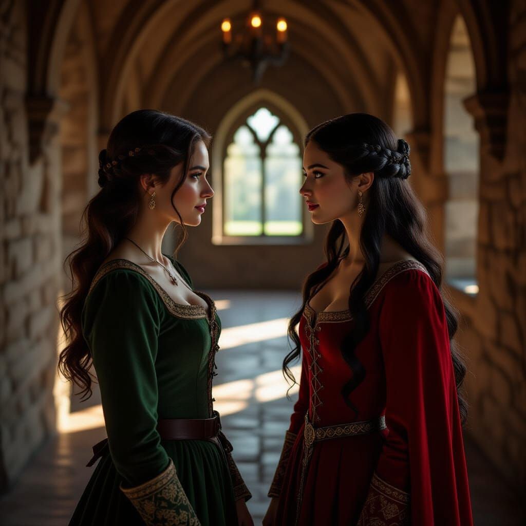 Medieval Castle Hallway Scene With Two Women