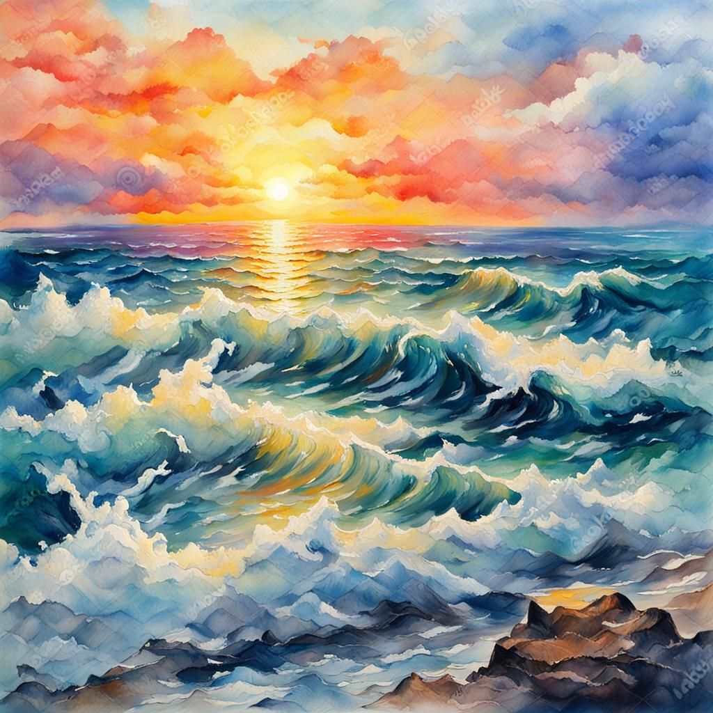 Sunrise Seascape in Gouache Watercolor Style