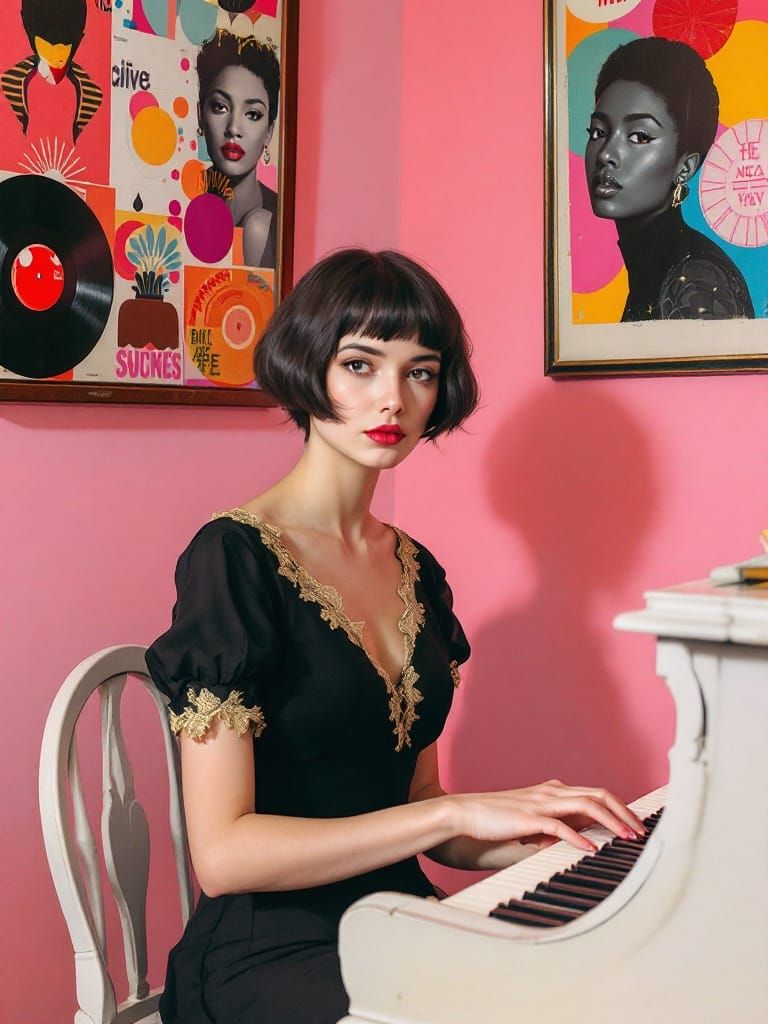 Soft Pastel Rendering of Young Woman at Piano in Warm Pink R...