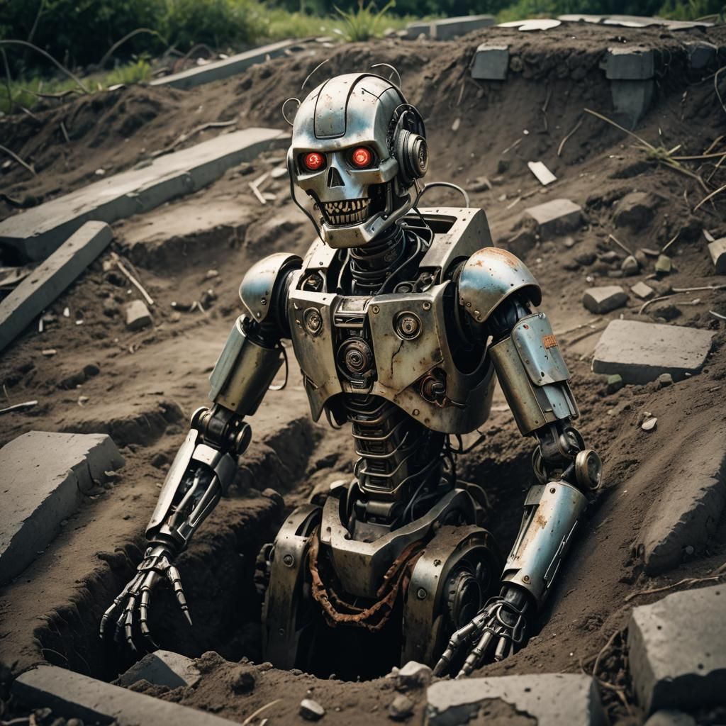 Grinning Robot in Grave: Cinematic Close-Up