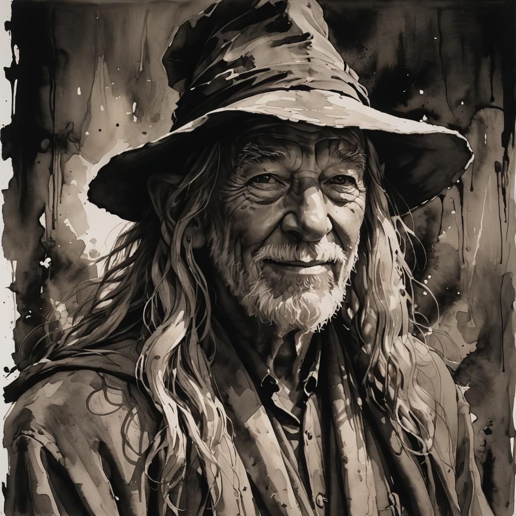 Gandalf Smile in Expressionist Monochromatic Style