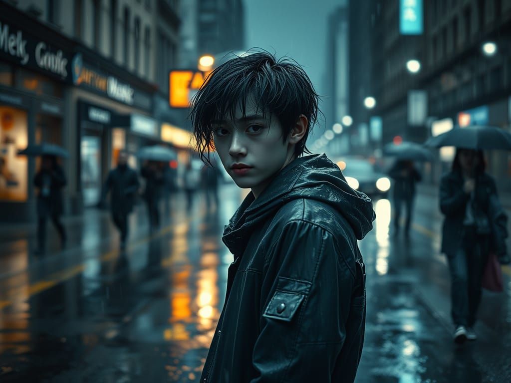 Humanoid AI Shivering in Rainy City Street