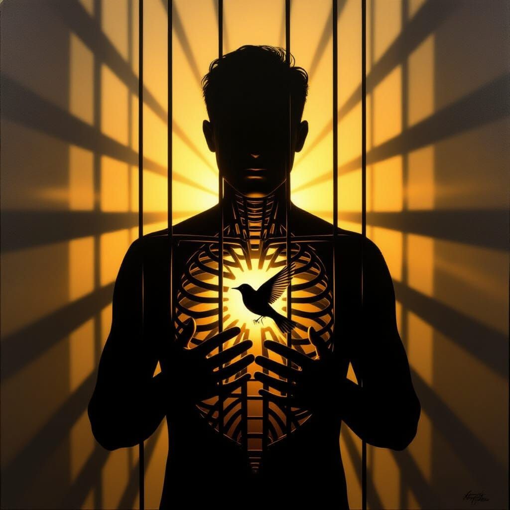 Trapped Bird Silhouette in Golden Hour Oil Painting